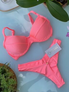 Salmon Pink Ribbed Brazilian Bikini Set | Underwire Swimwear